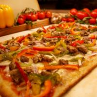 Sausage Peppers and Onions · Mozzarella, homemade marinara sauce, sausage, mixed peppers and onions.