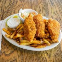 Fish and Chips · Breaded and seasoned wild alaskan true cod. Served with fries and tartar sauce.
