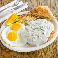 Chicken Fried Steak · Western style with sausage gravy, 2 eggs, hash browns and toast.