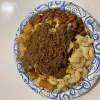 1/2 Plate · choise of 1 cb hb red hot or white hot served over macaroni salad and homefries, topped with...