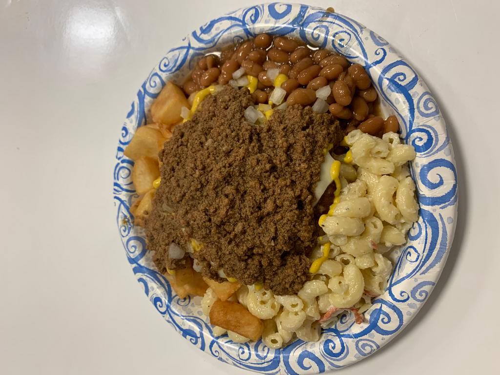 1/2 Plate · choise of 1 cb hb red hot or white hot served over macaroni salad and homefries, topped with condiments of your choice.