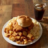 Chicken Finger Plate · 3 chicken fingers served over macaroni salad and homefries, topped with condiments of your c...