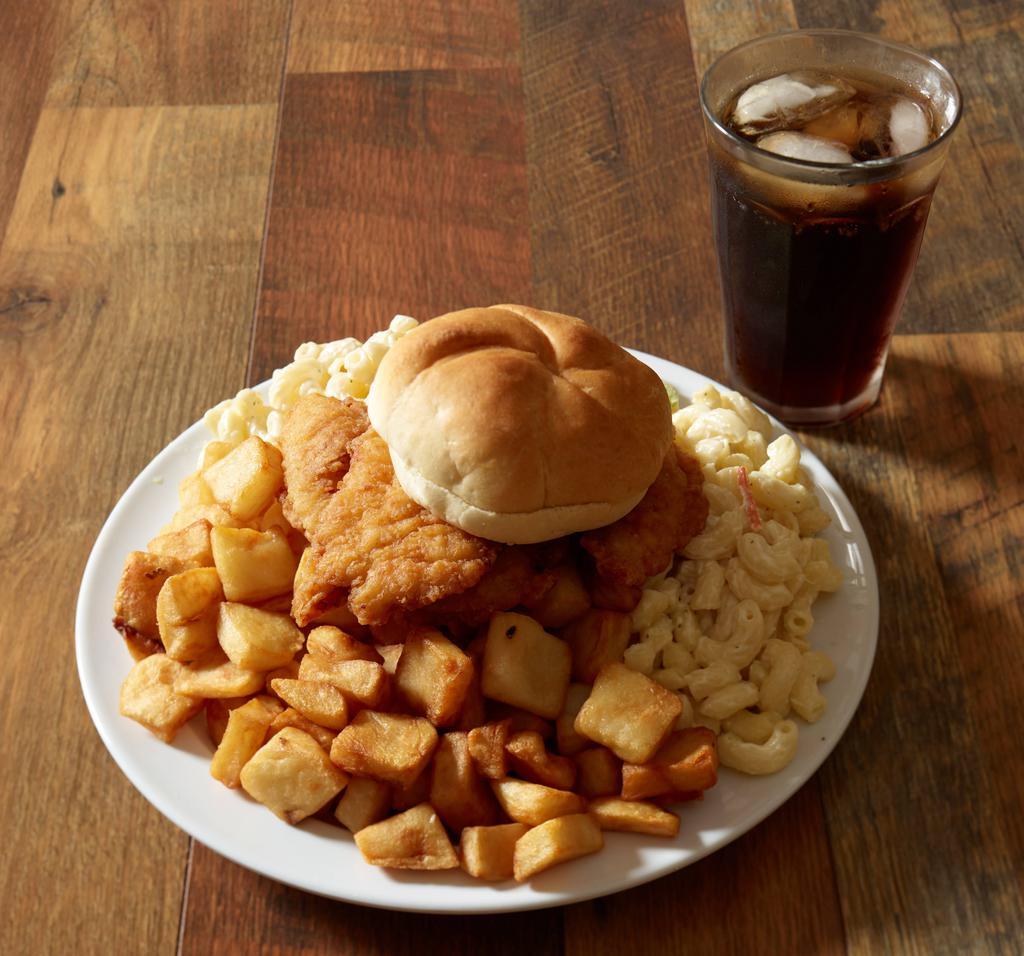 Chicken Finger Plate · 3 chicken fingers served over macaroni salad and homefries, topped with condiments of your choice.