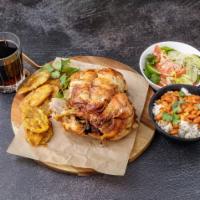 Combo 1 · Baked chicken, large rice, medium beans, green plantain, small salad and 2 liter soda.