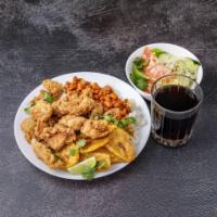 Combo 6 · Chicken chunks with or without bone, large rice, medium beans, green plantain, small salad a...