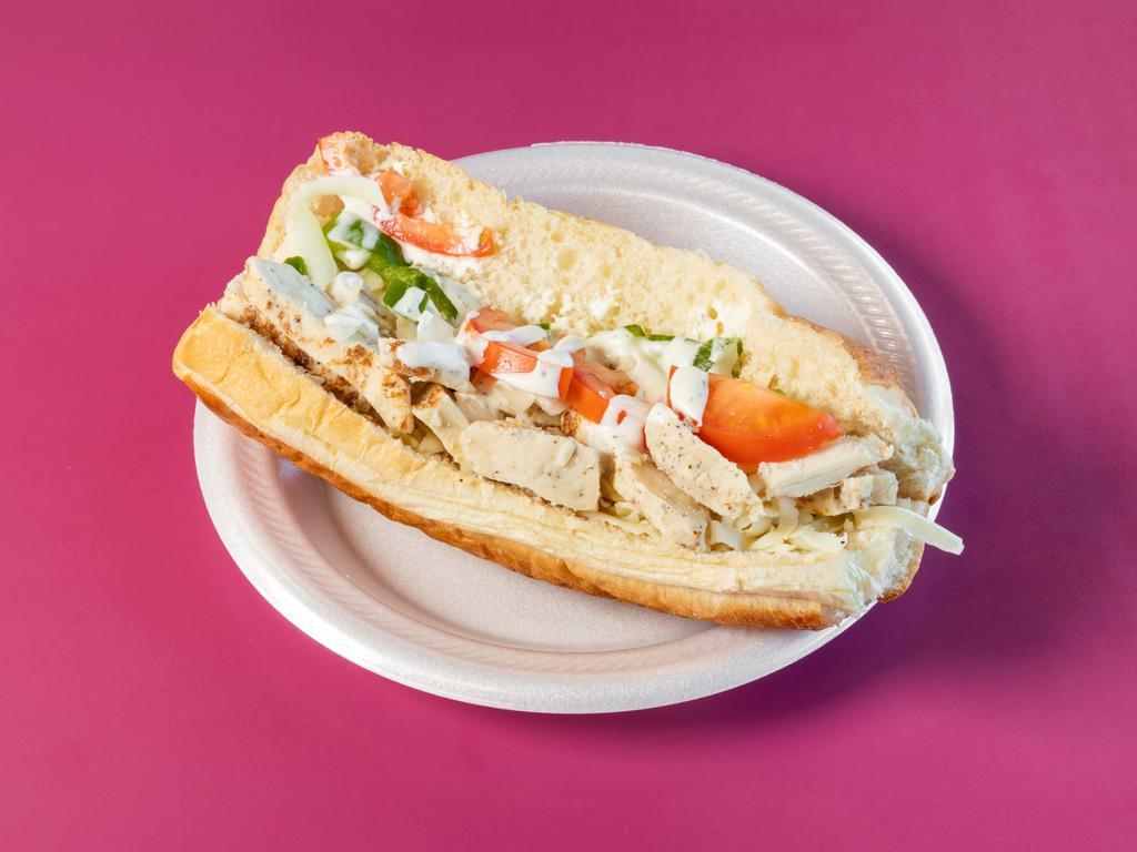 Chicken Philly Spud · Butter, bell pepper onion, tomato, sour cream and cheese.
