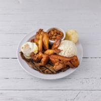 8. Bandeja Tipica · Typical platter. Grilled beef pork skin, egg, corn cake, sweet plantain, rice, beans and avo...
