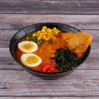 Raki Special Ramen · Pork based, chicken katsu, soft boiled egg, green onion, wakame, ginger and corn.