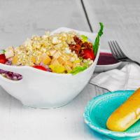 Cobb Shack Salad · Chopped greens, tomato, crisp bacon, chicken breast, hard boiled egg, avocado, onion, choice...