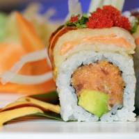 Fusion Roll · Spicy tuna, avocado, scallion inside topped with tempura salmon, tobiko spicy mayo and eel s...