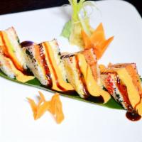 Pizza Roll · Spicy tuna, eel, avocado, snow crab, with eel sauce, 3 color tobiko and spicy mayo eel sauce.
