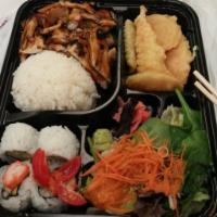 Chicken Teriyaki Bemto Box · Grilled chicken. Includes 4 pieces California roll, shrimp, vegetable tempura, white rice, a...