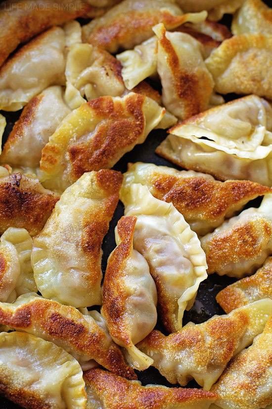 Pot Stickers · Ground chicken with veggies wrapped in a wonton paper. deep fried until crispy and paired with a soy sauce vinaigrette.