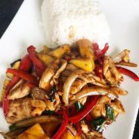 Mango Chicken · Chicken stir-fried with fresh mangos, red bell pepper, white and green onions in our savory ...