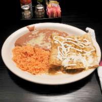 Enchiladas Verdes · 3 enchiladas, 1 chicken, 1 cheese and 1 shredded beef. All topped with a special green tomat...