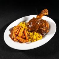 Oven-Roasted Chicken · Oven-roasted and then smothered. Leg and thigh. Served with a sage gravy, yellow rice pilaf ...