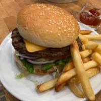 8 Oz. Cheeseburger Combo · Lettuce, tomato, and onions with french fries or onion rings and can of soda.
