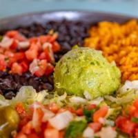 Peasant Plate · Baja rice, black or pinto beans and guacamole salad (shredded lettuce, pico de gallo and gua...