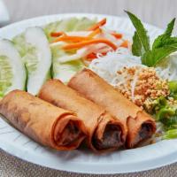 4. Three Pieces Vietnamese Spring Roll · Cha gio. Crispy fried spring roll filled with ground pork and vegetables.
