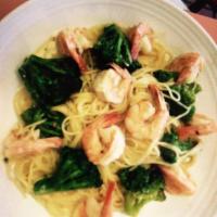 Shrimp & Broccoli · Shrimp and broccoli over linguine in a white wine and garlic sauce.