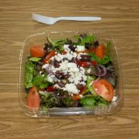 Mediterranean Salad · Lettuce, tomato, roasted red peppers, fresh mozzarella, and Kalamata olives.