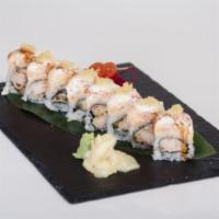 Mito Roll · Rocky shrimp tempura inside, topped with spicy lobster, spicy king crab, served with spicy c...
