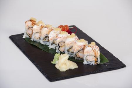 Mito Roll · Rocky shrimp tempura inside, topped with spicy lobster, spicy king crab, served with spicy creamy sauce.