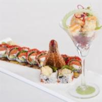 Monster Lobster Roll · Lobster tempura, spicy tuna, spring mix, avocado, tobiko, served with rock shrimp bits, spic...