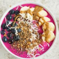 Pitaya Power Bowl · Organic dragon fruit (pitaya) blended with dairy-free milk, peanut butter, vanilla protein a...