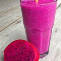 Pitaya Power Smoothie · Pitaya blended with bananas, peanut butter, vanilla protein, and almond milk.
