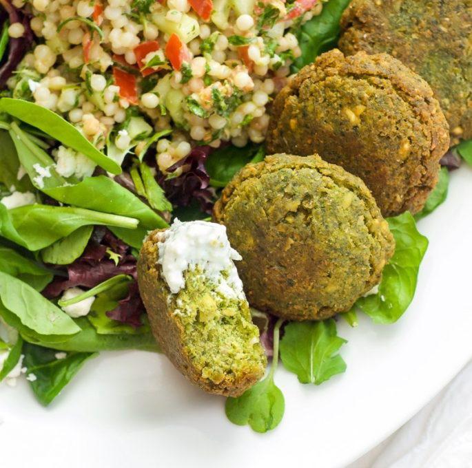 Falafel & Hummus In a Cup · Spinach, falafel fritters spinach, cherry tomatoes &  hummus for a great healthy snack