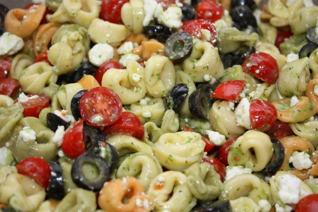 NEW Tri-Color Tortellini Cheese Salad · Cheese Stuffed Tri-color Tortellini combined with red & green pepper strips, olives, & herbs in a zesty vinaigrette dressing