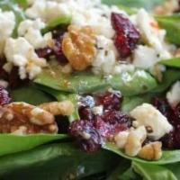 New Summer Salad With Raspberry Vinaigrette Dressing · Walnuts, dried cranberries, feta cheese, apple, baby spinach with raspberry vinaigrette dres...