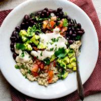 Grilled Chicken Black Bean Quinoa Bowl · Diced grilled chicken, black bean and corn salad, chopped spinach guacamole and shredded car...