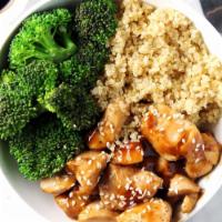 Teriyaki Chicken Quinoa Bowl · Organic quinoa, teriyaki chicken, spinach, and with sauteed broccoli.