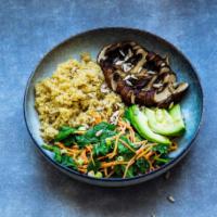 Vegan Mushroom Quinoa Bowl · Sautéed Mushrooms, Chopped Spinach, Black Bean & Corn Salad, Shredded Carrots, Onions, Guaca...