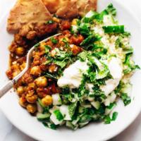 Detox Moroccan-spiced chickpea glow bowl · perfect blend of protein and flavor, spiced chick peas with spices, chopped cucumbers, cousc...