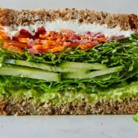 Veggie Delight Ciabatta Sandwich · Spinach, shredded carrots, tomatoes, cucumbers, pepper jack cheese, guacamole & balsamic