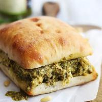 Pesto Chicken Ciabatta Sandwich · Grilled chicken pesto with spinach, honey mustard, mozzarella on ciabatta bread