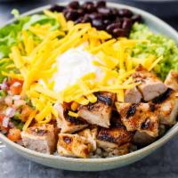 Chicken Burrito Bowl · Served with diced chicken, cilantro rice, black bean, corn, romaine lettuce, pico de gallo, ...