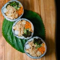 Yubu Kimbap (vegan) · Gluten-free kimbap roll with soy-marinated non-GMO yubu (tofu skins). Includes carrots, cucu...
