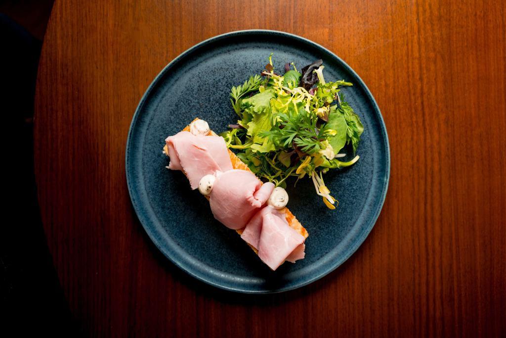 GRILLED CROQUE MONSIEUR · Raclette, Prosciutto Cotto, Truffle Mayo Served with Mesclun Salad