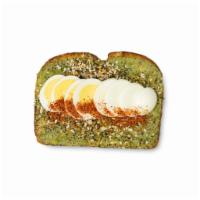 Avo Toast · Avocado, hard boiled egg, sesame seed seasoning salt and tajin on soudough or choice of bread.