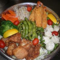 Appetizer Mix · Edamame, kara age-fried chicken, fried breaded shrimp, shumai dumplings, steamed vegetables.