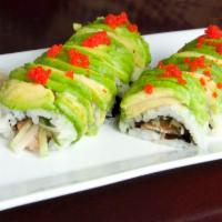 Dragon Roll · Inside: eel with shiitake mushroom 
and cucumber. Outside: avocado.