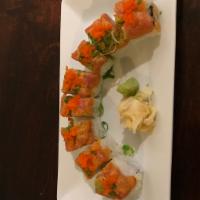 Dancing Spicy Tuna Roll · Inside: smoked salmon and avocado. Outside: spicy tuna.