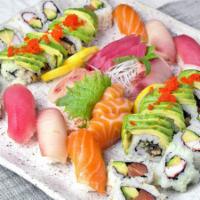 Sushi Sashimi for 2 · Sushi: 1 dragon roll, 1 Alaska roll,  1 California roll, 2 salmon, 2 tuna and 2 yellowtail. ...