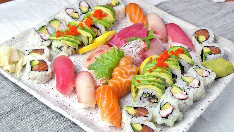 Sushi Sashimi for 2 · Sushi: 1 dragon roll, 1 Alaska roll,  1 California roll, 2 salmon, 2 tuna and 2 yellowtail. Sashimi: 3 salmon, 3 tuna, 3 yellowtail and 2 white fish.