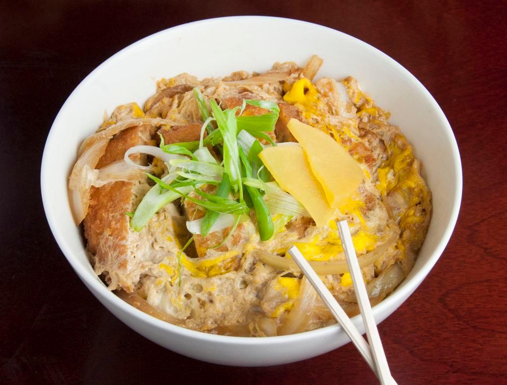 Katsu Don · Chicken or Pork Cutlet with egg over rice.
