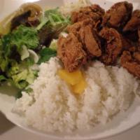 Kara-age Platter · Soy ginger fried chicken. Served with white rice and house green salad.